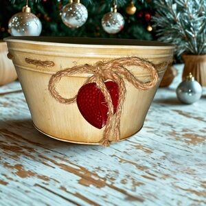 Rustic Farmhouse Tin Bucket with Jute Bow & Red Metal Heart